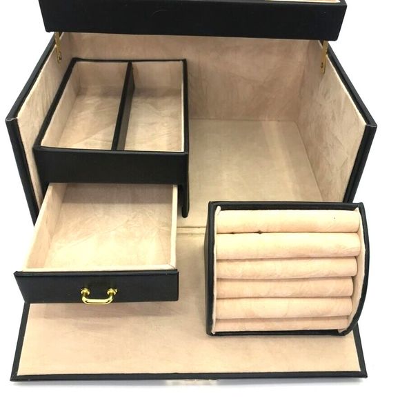 Songmics Leather Travel 3 Tier Fold Out Locking Jewelry Box Mirror & Handle Blk - Picture 4 of 16